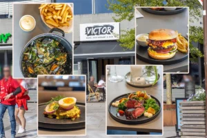 Bilde av uteserveringen til Victor Cafe, Restaurant og Bar i Fredrikstad og blåskjell, burger, karrisild og ytrefilet