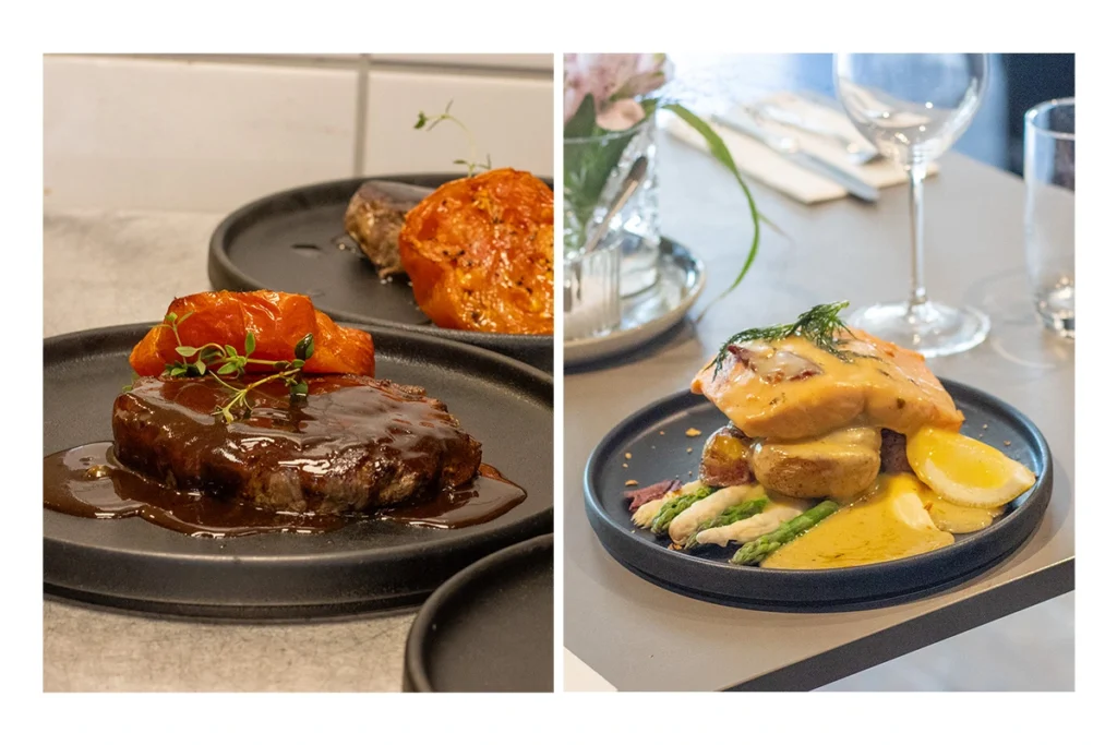 Bilde med middagsrettene Entrecote og Ørret